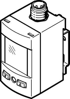 Gezeichnetes elektrisches Gerät, ähnlich einem Leistungsschalter, mit Knöpfen und einer Anschlussbuchse oben.