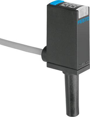 Sensor von Festo mit schwarzem Gehäuse und blauem Akzent, angeschlossen an ein graues Kabel.