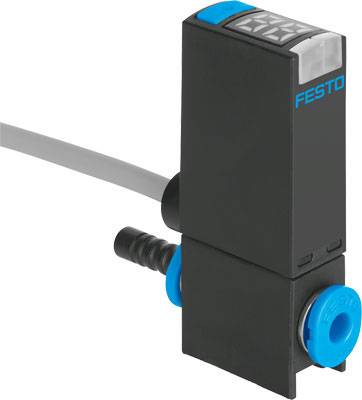 Ein schwarzes Festo-Ventil mit blauen Anschlüssen und einem grauen Kabel ist zu sehen.