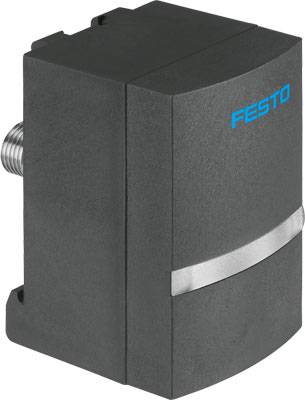 Graues Festo-Gerät mit blauer Aufschrift und silbernem Streifen; technische Komponente mit Anschluss an der Seite.