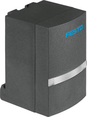 Ein elektrisch angetriebener Antrieb von Festo, geformt in einem kompakten, rechteckigen Design in Schwarz mit blauen Akzenten.