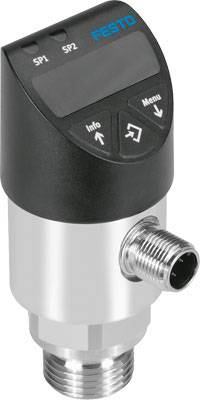 Drucksensor mit digitalem Display, zeigt Informationen zu SP1 und SP2. Anzeigefeld mit Bedienknöpfen für 'Info' und 'Menü'.