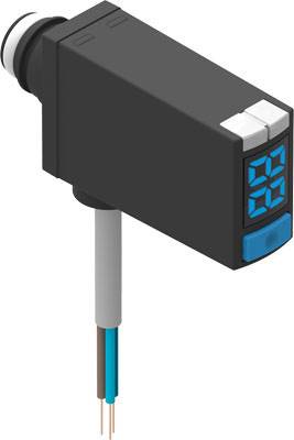 Ein rechteckiger Näherungssensor mit digitalem Display und Kabeln, verwendet zur Objekterkennung, schwarz mit blauen Details.