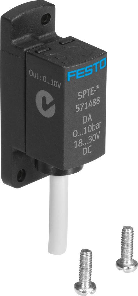 Drucksensor von Festo, Modell SPTE-*. Misst 0 bis 10 bar bei 18-30 V DC. Zeigt Eingang/Ausgangspunkte und Markenlogo. Enthält Schrauben.