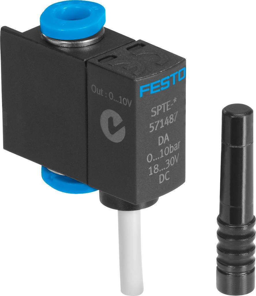 Drucksensor der Marke Festo, schwarz mit blauen Elementen, geeignet für 0-10 bar und Spannung von 18-30V, neben einem schwarzen Stecker.