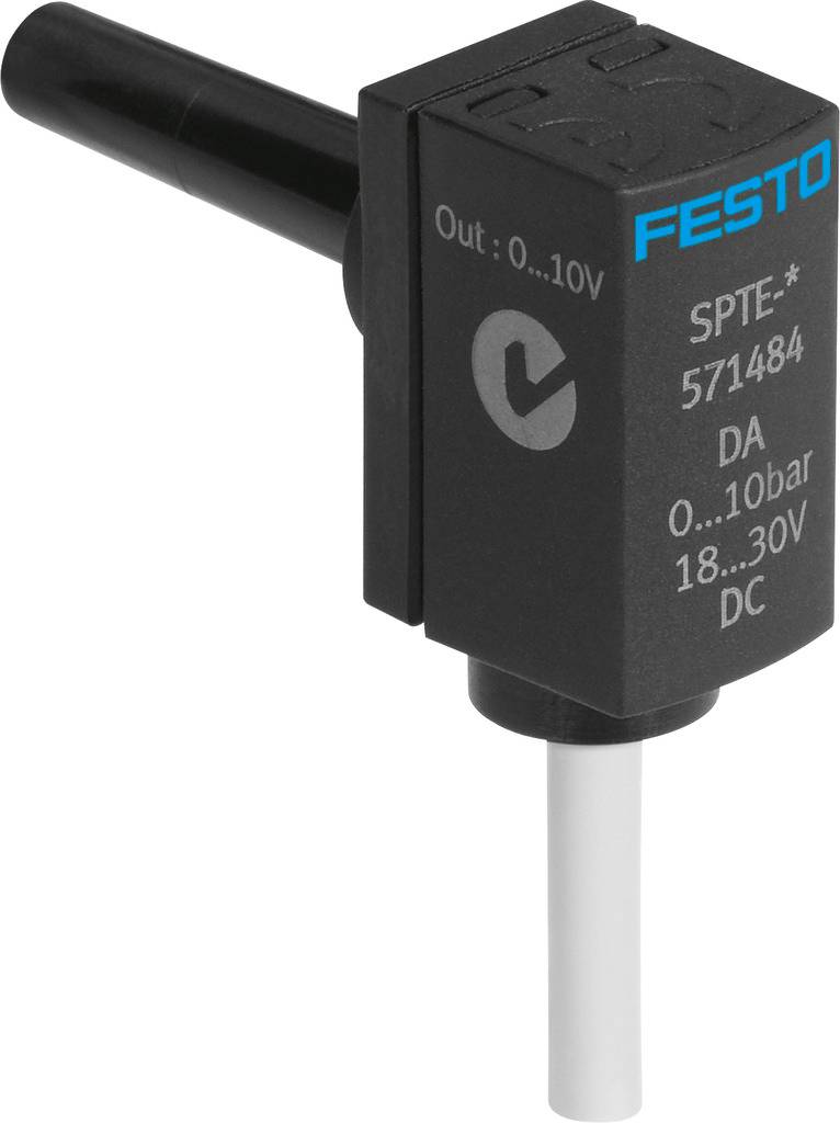 Drucksensor von Festo, Modell SPTE, misst Druckbereich 0 bis 10 bar. Anzeige: 0-10V Ausgang, geeignet für 18-30V DC.