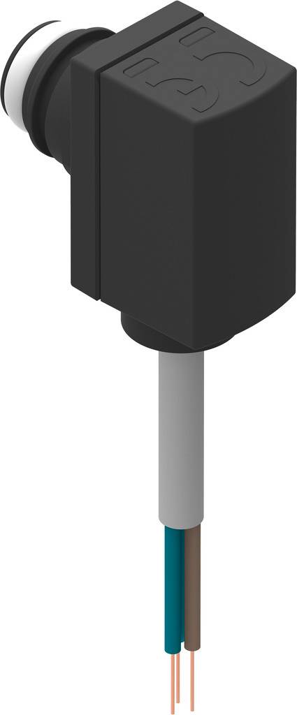 Ein schwarzer elektrischer Sensor mit zwei sichtbaren Kabeln, die aus der Unterseite herausragen. Der Sensor hat eine rechteckige Form.