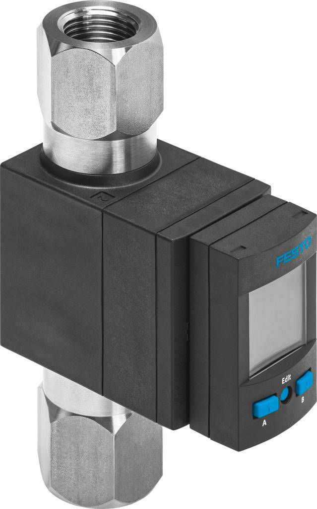 Ein elektronischer Gasdurchflussregler von Festo mit digitalem Display, Metallanschlüssen und rechteckigem Gehäuse. Ideal für präzise Steuerungen.