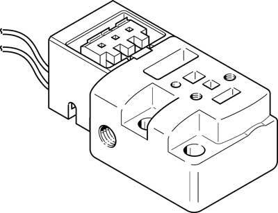 Zeichnung eines elektrischen Steckverbinders mit Kabeln. Zeigt detaillierte Anschlüsse und Öffnungen für die Implementierung in Geräten.
