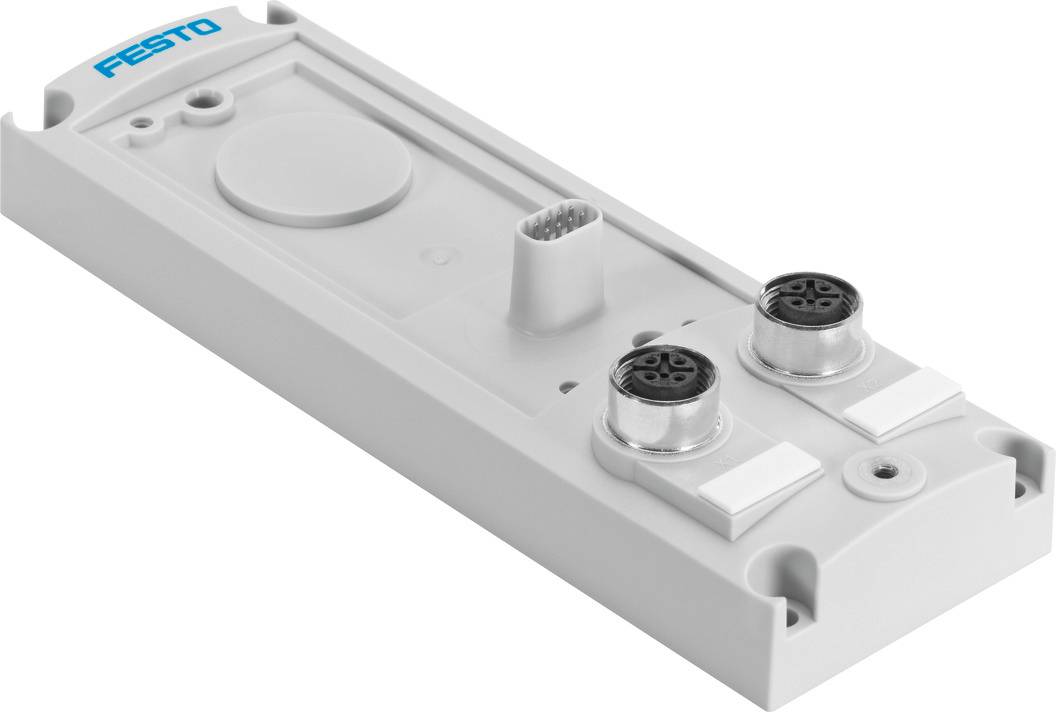Graues elektronisches Modul mit Anschlüssen und 'Festo'-Logo, geeignet für industrielle Anwendungen. Hauptmerkmal: Anschlussmöglichkeiten.