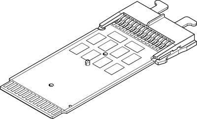 Schema einer technischen Computerkomponente, zeigt Steckverbindungen und Kontaktpunkte für elektronische Verbindungen.