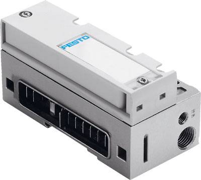 Industriekomponente von Festo, rechteckig, mit Anschlussöffnungen und Beschriftung, verwendet in pneumatischen Anwendungen.