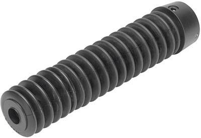 Eine schwarze, gerippte Stange mit zylindrischer Form und runden Enden, möglicherweise ein technisches oder mechanisches Bauteil.