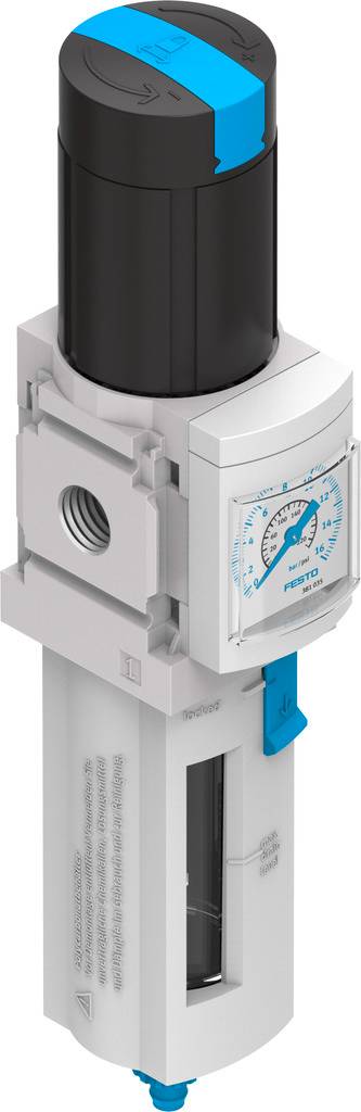 Luftaufbereitungsgerät mit Manometer, Regler und Gehäuse in Weiß und Schwarz. Anzeige zeigt Druckwert.