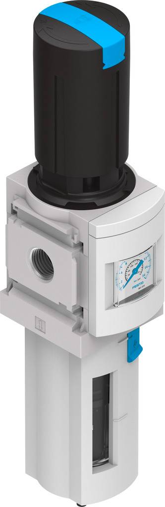 Ein Druckregler mit Manometer und Kunststoffgehäuse. Hauptfarbe Weiß mit schwarzen und blauen Akzenten. Verwendet zur Luftdruckregelung.