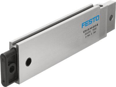 Ein pneumatischer Mini-Schlitten von Festo, Modell EZH-10-10-A-8, ausgelegt für einen maximalen Druck von 6 bar, grau mit blauer Aufschrift.