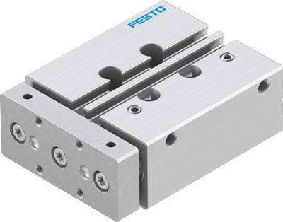 Ein grauer pneumatischer Schlitten von Festo mit zwei parallelen Führungen und mehreren Befestigungspunkten.
