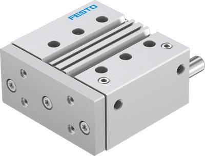 Pneumatischer Schlitten von Festo, in silberner Metallausführung mit blauen Logo, geeignet für präzise lineare Bewegungen in Maschinen.