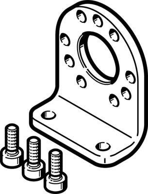 Ein Metallwinkel mit Schraubenlöchern und drei separate Schrauben daneben, geeignet zur Befestigung an Oberflächen.