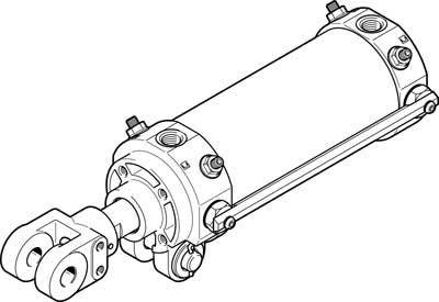 Technische Zeichnung eines Hydraulikzylinders mit Kolbenstange. Zeigt wichtige Komponenten wie Kolben, Anschlüsse und Befestigungen.