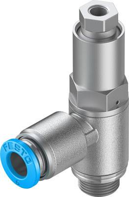 Ein silbernes Pneumatikventil mit blauen Akzenten, das für die Steuerung von Luftströmungen in einem industriellen Umfeld verwendet wird.