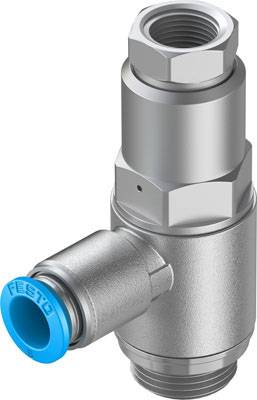 Ein silbernes, zylindrisches Pneumatikventil mit einem blauen Anschlussdeckel an der Seite, markiert mit 'FESTO'.