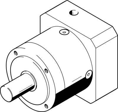Industrieantrieb mit rundem Gehäuse und Welle, dargestellt aus einem Winkel, der die Gehäuseform und Befestigungsschrauben zeigt.