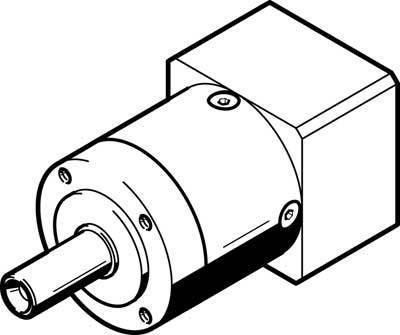 Strichzeichnung eines Getriebemotors mit eckigem Gehäuse und rundem Flansch, seitliche Ansicht.