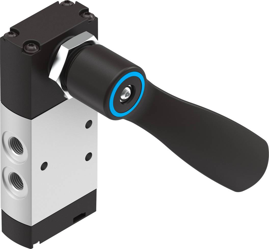 Ein pneumatischer Ventilhebel zur Steuerung von Luftstrom, mit einem schwarz-silbernen Gehäuse und einer blauen Markierung am Griff.