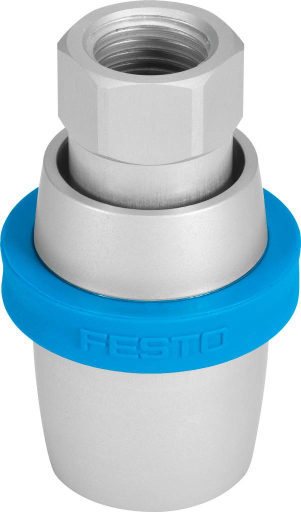Ein silbernes Metallventil mit blauer Befestigung, markiert mit 'Festo'.