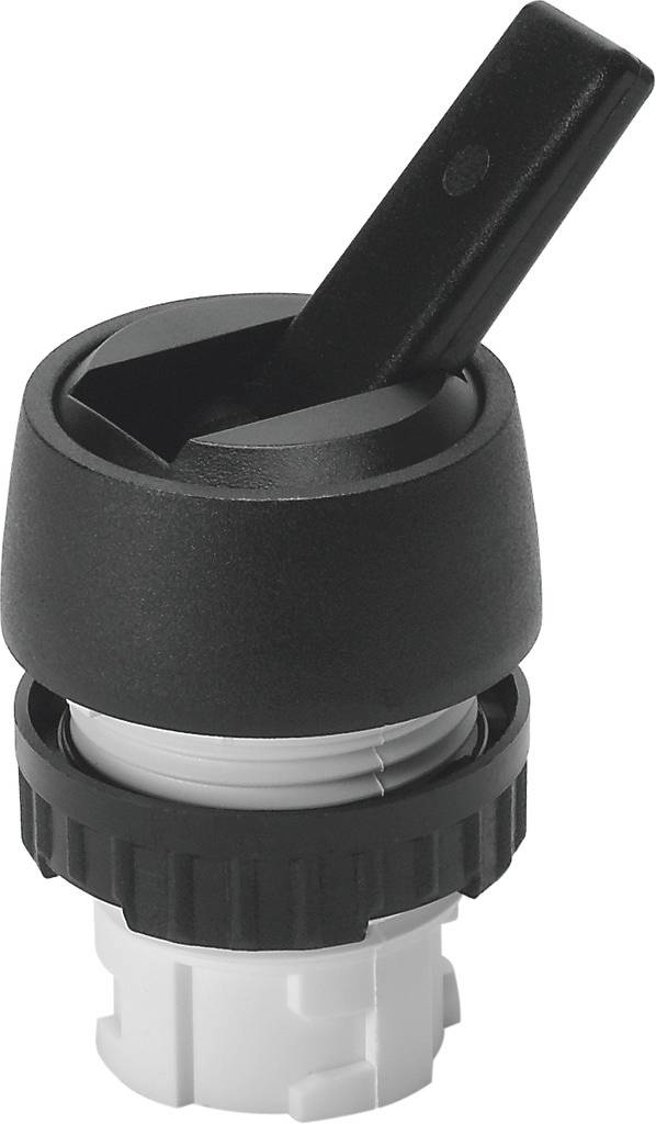 Ein schwarzer Kunststoffschalter mit Hebelgriff, geeignet zur Bedienung elektronischer Geräte oder Maschinensteuerungen.