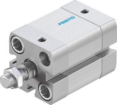 Pneumatischer Zylinder mit Festo-Logo, kompakte Bauweise, zwei Anschlussöffnungen, Metallteile in silberner Optik, Seite sichtbar.