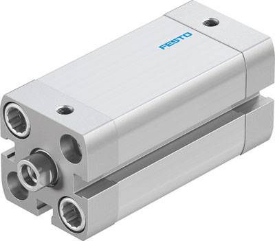 Ein kompakter pneumatischer Zylinder von Festo, aus Metall, mit zwei Anschlüssen und blauer 'Festo'-Aufschrift, zeigt technische Präzision.