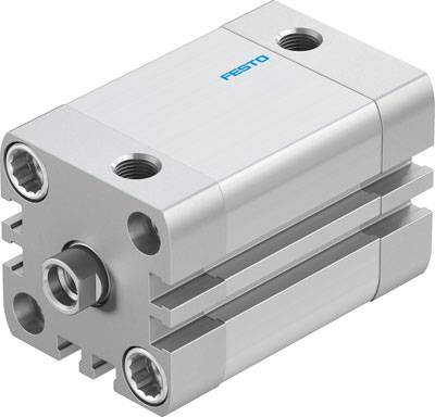 Silberner pneumatischer Zylinder mit mehreren Anschlussstellen und Firmenlogo. Kompaktes Design für präzise Industrieanwendungen.