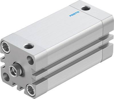 Pneumatischer Zylinder mit rechteckigem Aluminiumgehäuse, mehreren Anschlüssen und Befestigungslöchern, verwendet in industriellen Anwendungen.