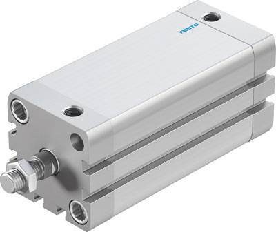 Zylinder aus Metall mit zwei Anschlüssen auf der Seite und zwei Befestigungslöchern auf der Oberseite, von der Marke Festo.