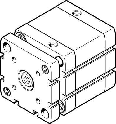 Eine technische Zeichnung eines hydraulischen oder pneumatischen Zylinders mit einer quadratischen Grundplatte und mehreren Befestigungslöchern.