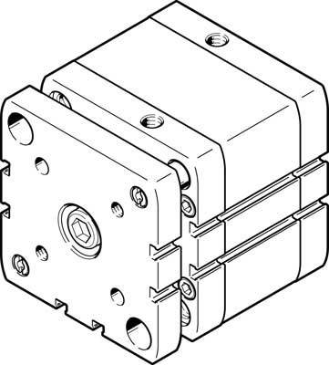 Technische Zeichnung eines pneumatischen Zylinders mit quadratischem Gehäuse und seitlichen Befestigungspunkten.