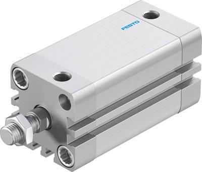 'Festo Pneumatikzylinder' aus Metall, kompakte Bauweise mit zwei Anschlussöffnungen und einem herausragenden Kolbenstangen.