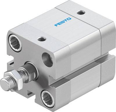 Pneumatischer Zylinder aus Metall mit vier Anschlüssen und blauer 'FESTO'-Markierung, geeignet für Anwendungen in der Automatisierungstechnik.