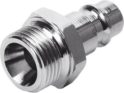 Metalladapter in zylindrischer Form mit Gewinde und geriffeltem Anschluss, verwendet für Verbindungen in Druckluftsystemen.