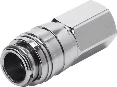 Ein silberner Steckverbinder mit sechseckiger Kappe und geriffeltem Mittelteil, aus Metall, liegt auf einer weißen Oberfläche.