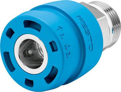 Blaues, rundes Bauteil mit Metallanschluss und Festo-Logo. Könnte ein Pneumatik- oder Fluidik-Anschluss sein.