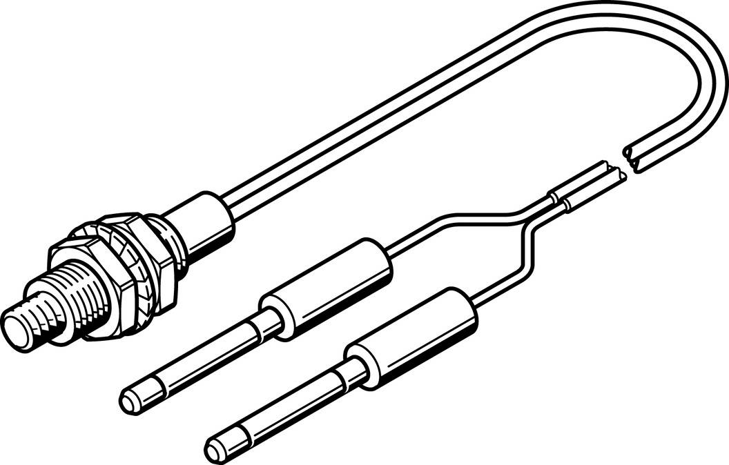 Technische Zeichnung eines Temperatursensors mit zwei parallelen Drähten und einem verschraubten Anschluss, kabelgebunden.