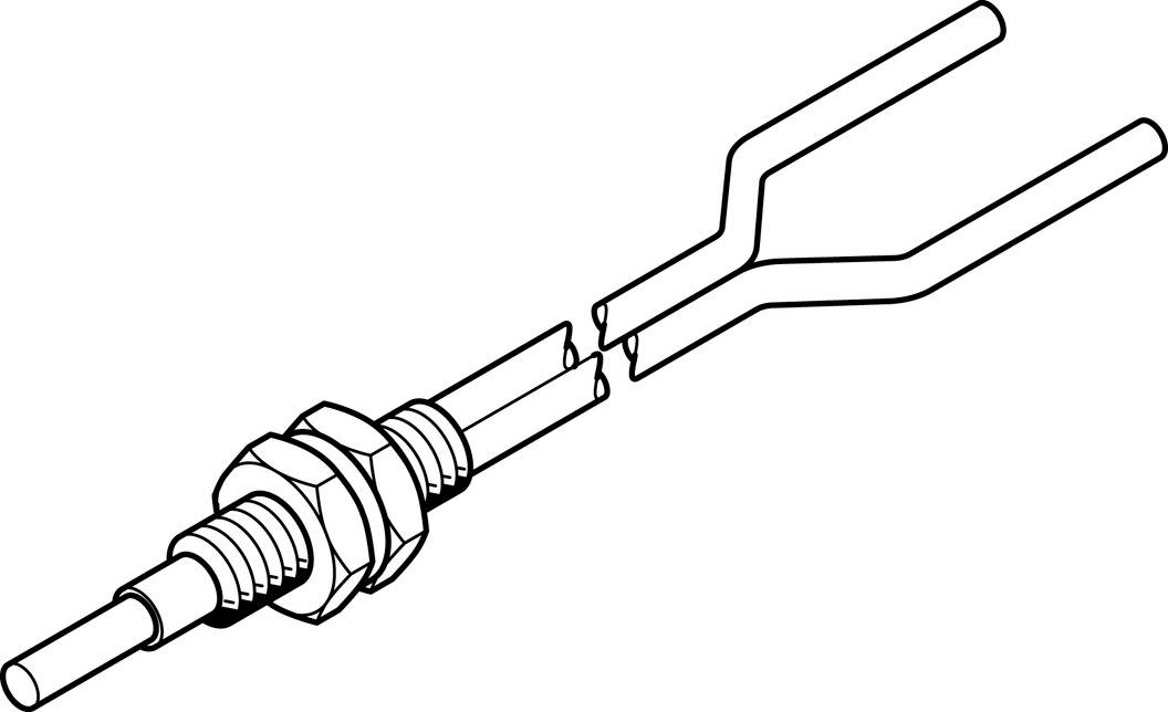 Zwei Drähte verbunden durch einen Metallstecker, der mit einer Sechskantmutter gesichert ist.