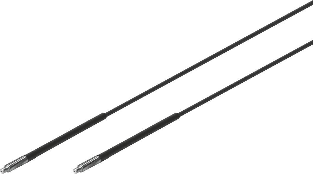 Zwei schwarze Kabel mit Metallverbindungen an den Enden, auf weißem Hintergrund.