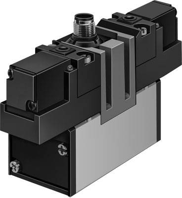 Schwarzes und graues mechanisches Ventil mit Kabelverbindung oben, verwendet in industriellen oder technischen Anwendungen.