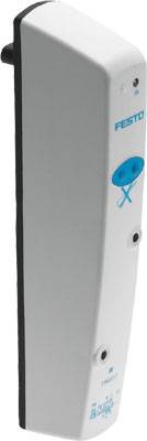 Ein weißes elektronisches Gerät mit dem Logo 'Festo'. Es hat Bedienelemente und eine blaue Graphik auf der Vorderseite.