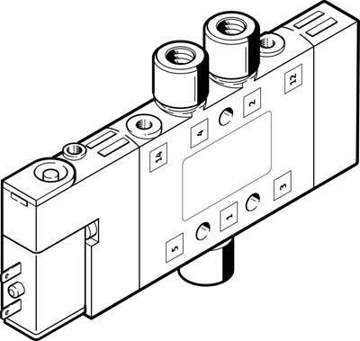 Pneumatikventil mit drei Anschlüssen und rechteckigem Gehäuse. Geeignet für den Einsatz in automatisierten Systemen.