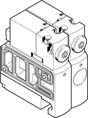 Technische Zeichnung eines elektromechanischen Schalters mit zwei Drehknöpfen oben, seitlichen Anschlüssen und detaillierten Gehäusestrukturen.